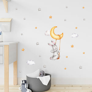 Cartoon Wall Decals Rabbit Moon Swing