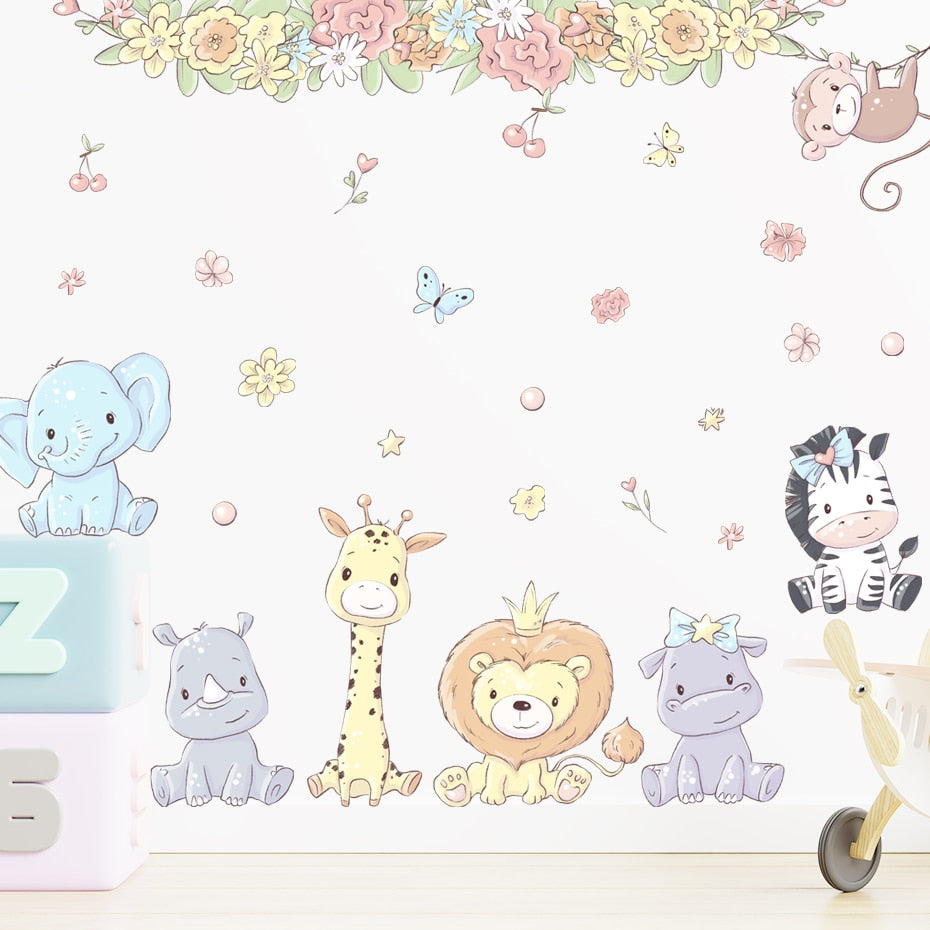 Cartoon Wall Decals Flowers and Cute Animals