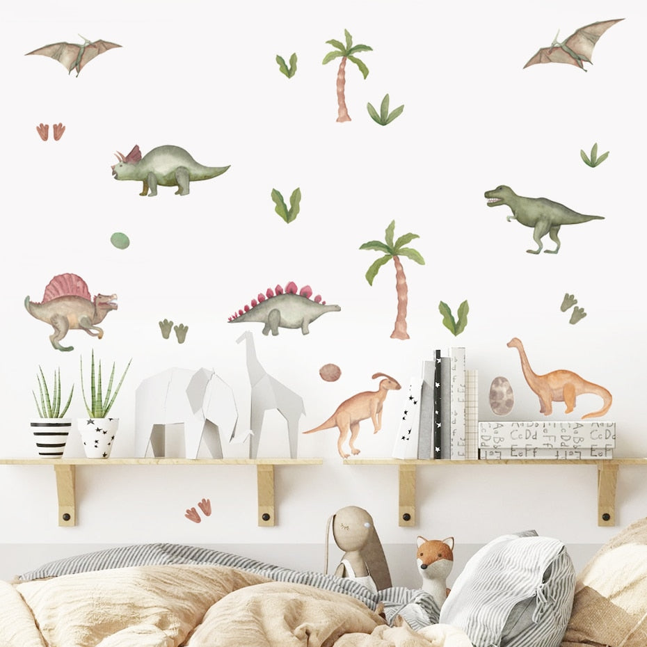 Cartoon Wall Decals Dinosaur Tropical Leaves