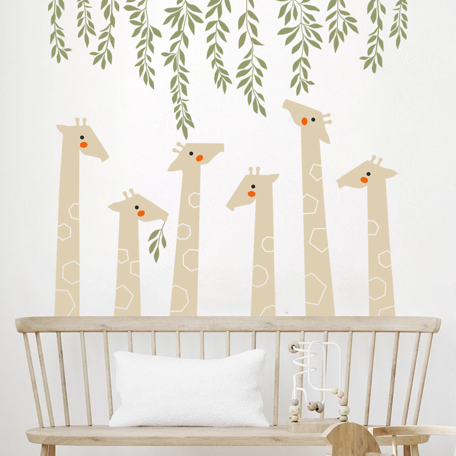 Cartoon Wall Decals Giraffe Green Leaves