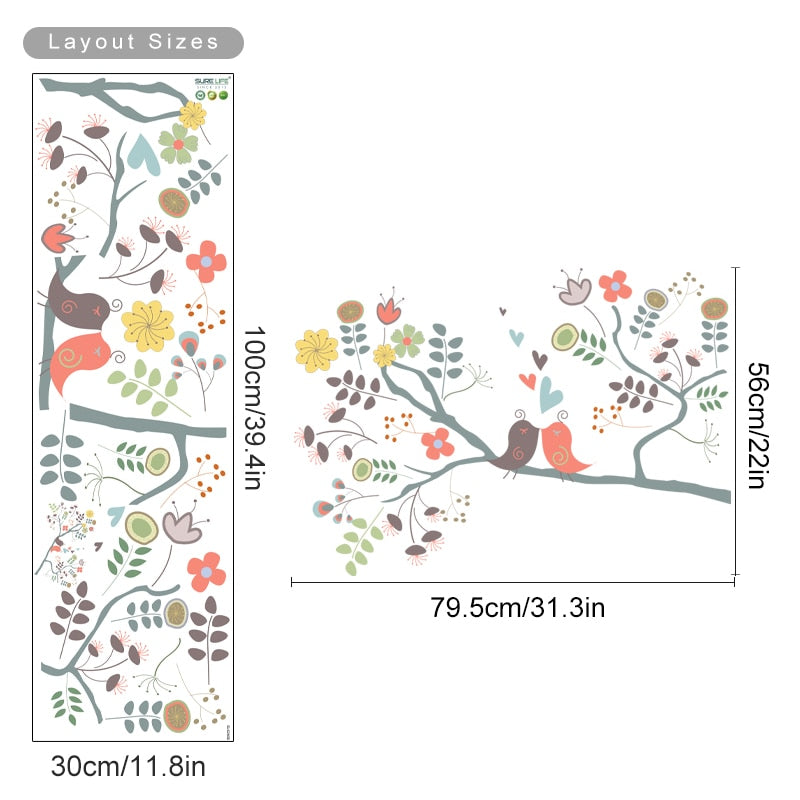 Cartoon Wall Decals Birds Floral Tree Branch