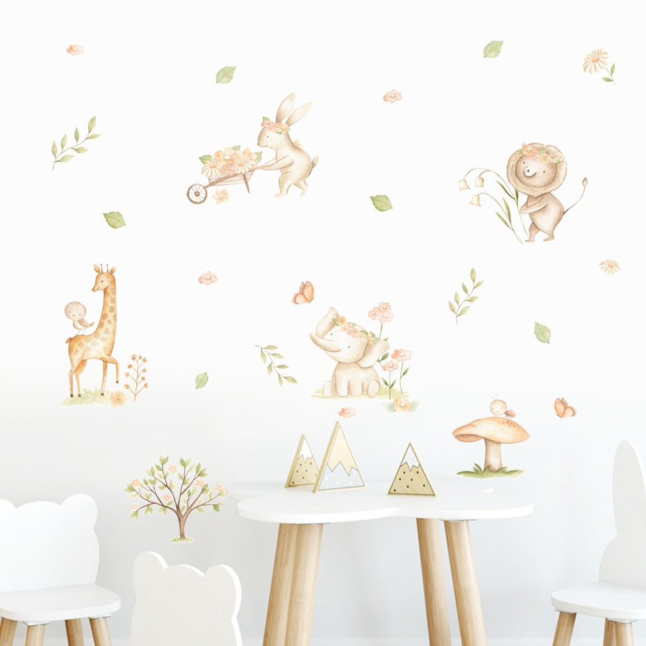 Cartoon Wall Decals Cute Lion Elephant Animals