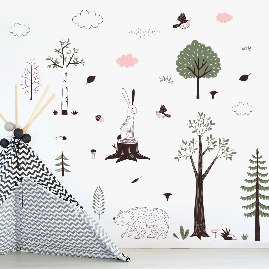 Nursery Wall Decal Forest Wildlife Bear Rabbit