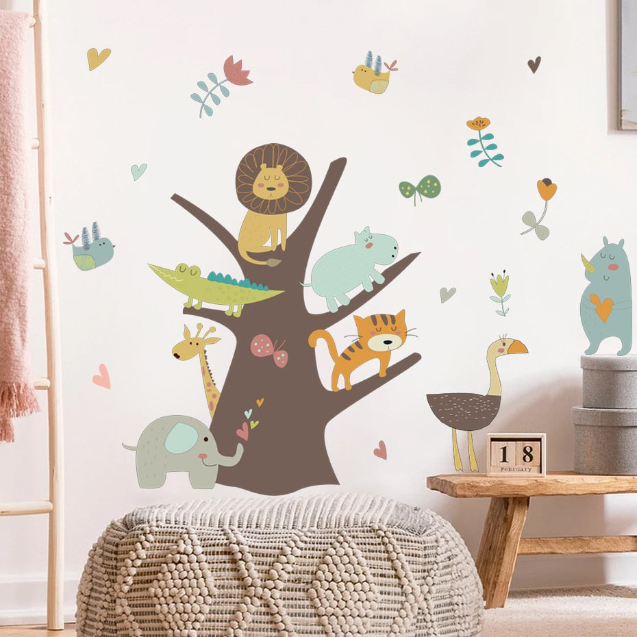 Cartoon Wall Decals Tree with African Animals