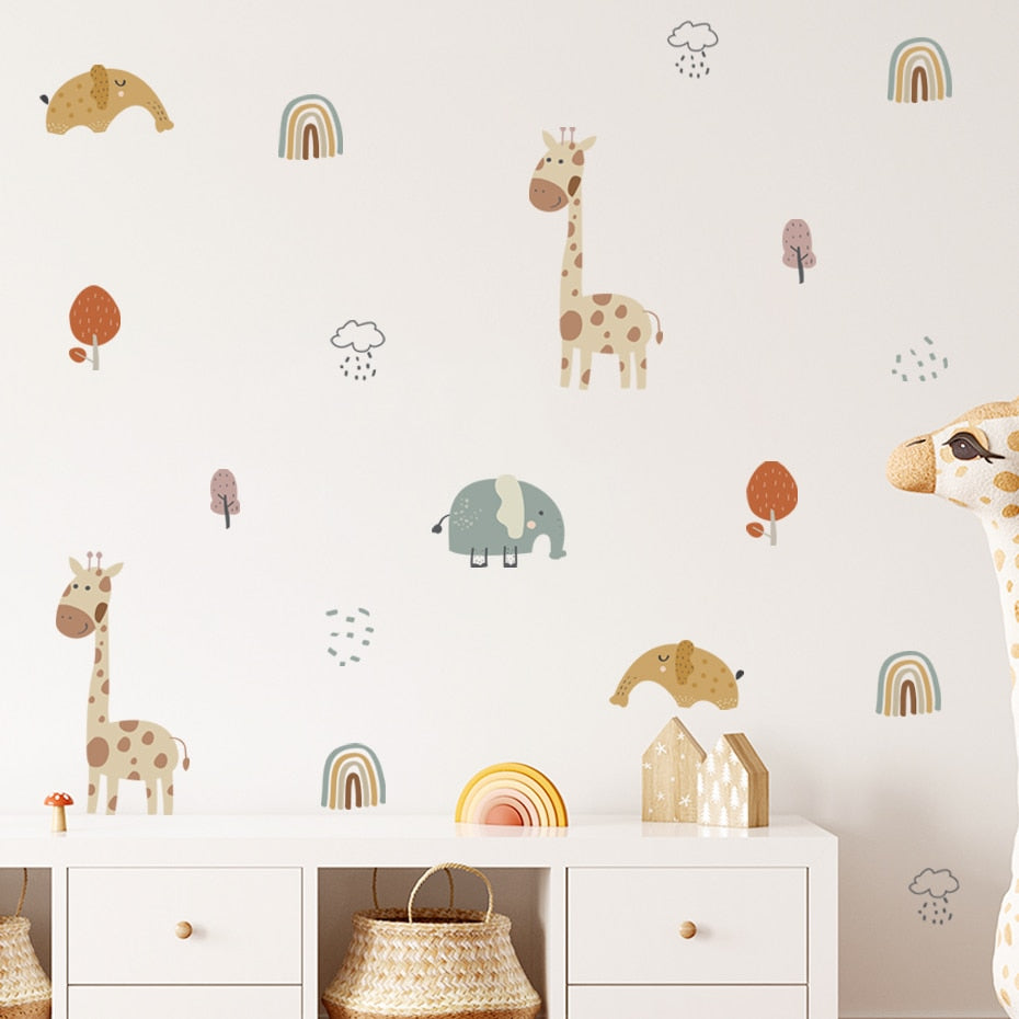 Cartoon Wall Decals Giraffe Elephant Rainbow