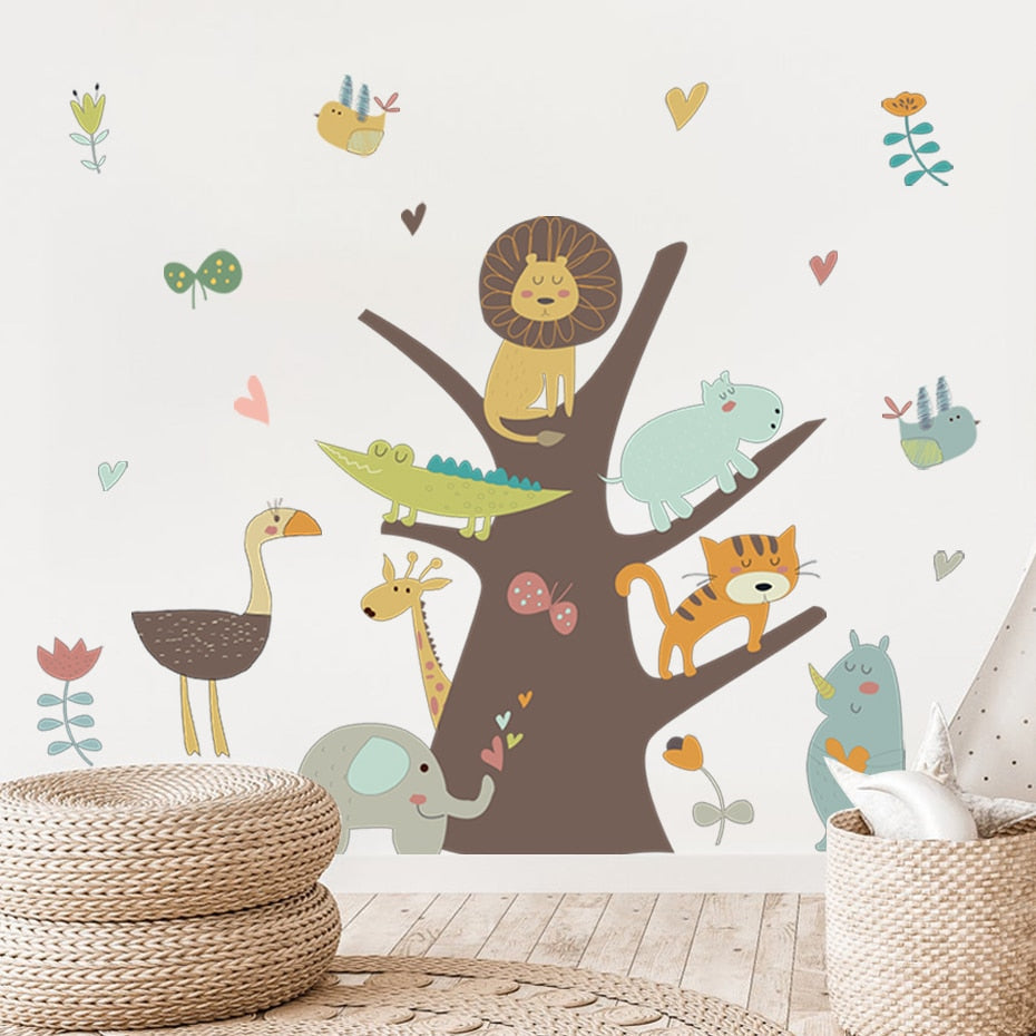 Cartoon Wall Decals Tree with African Animals