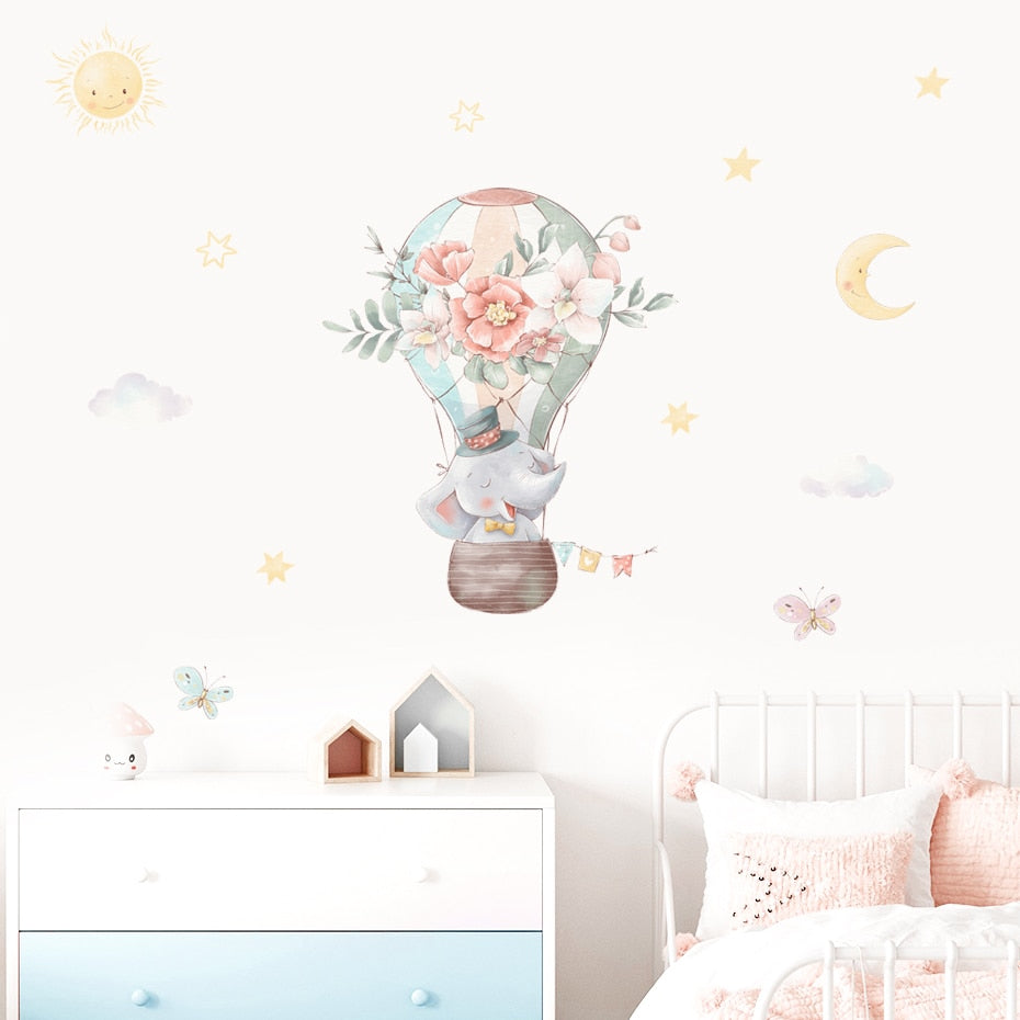 Cartoon Wall Decals Elephant Hot Air Balloon