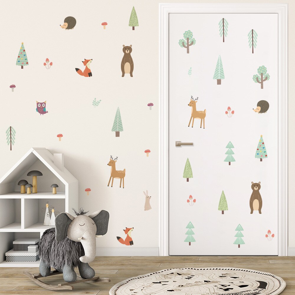 Cartoon Wall Decals Cute Deer Animal Leaves