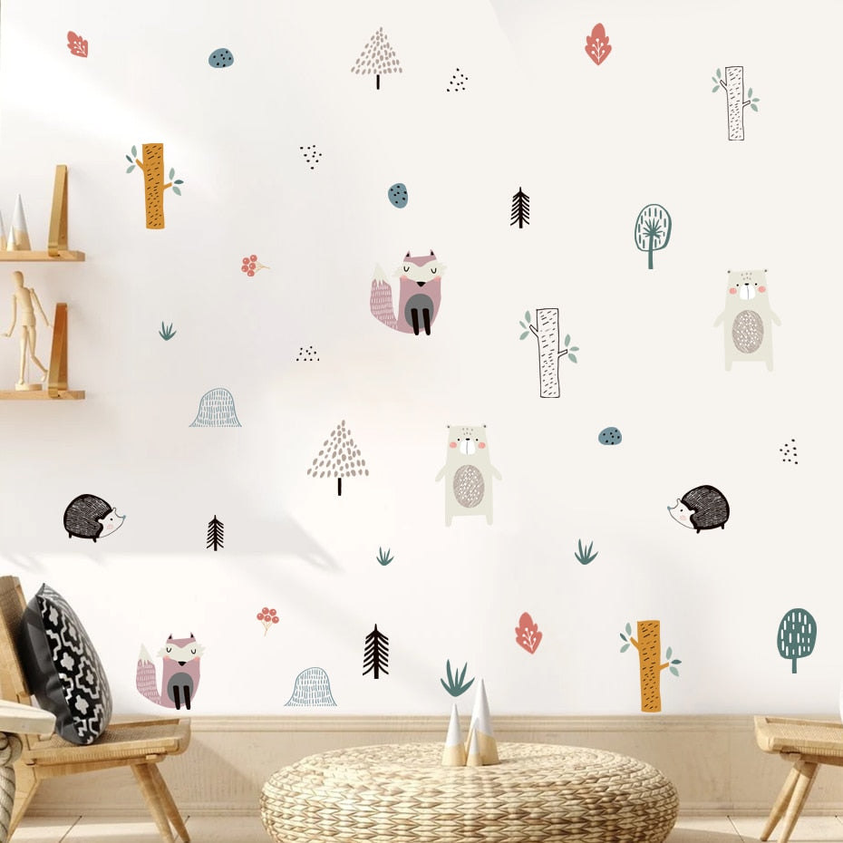 Cartoon Wall Decals Bear Fox Hedgehogs Tree