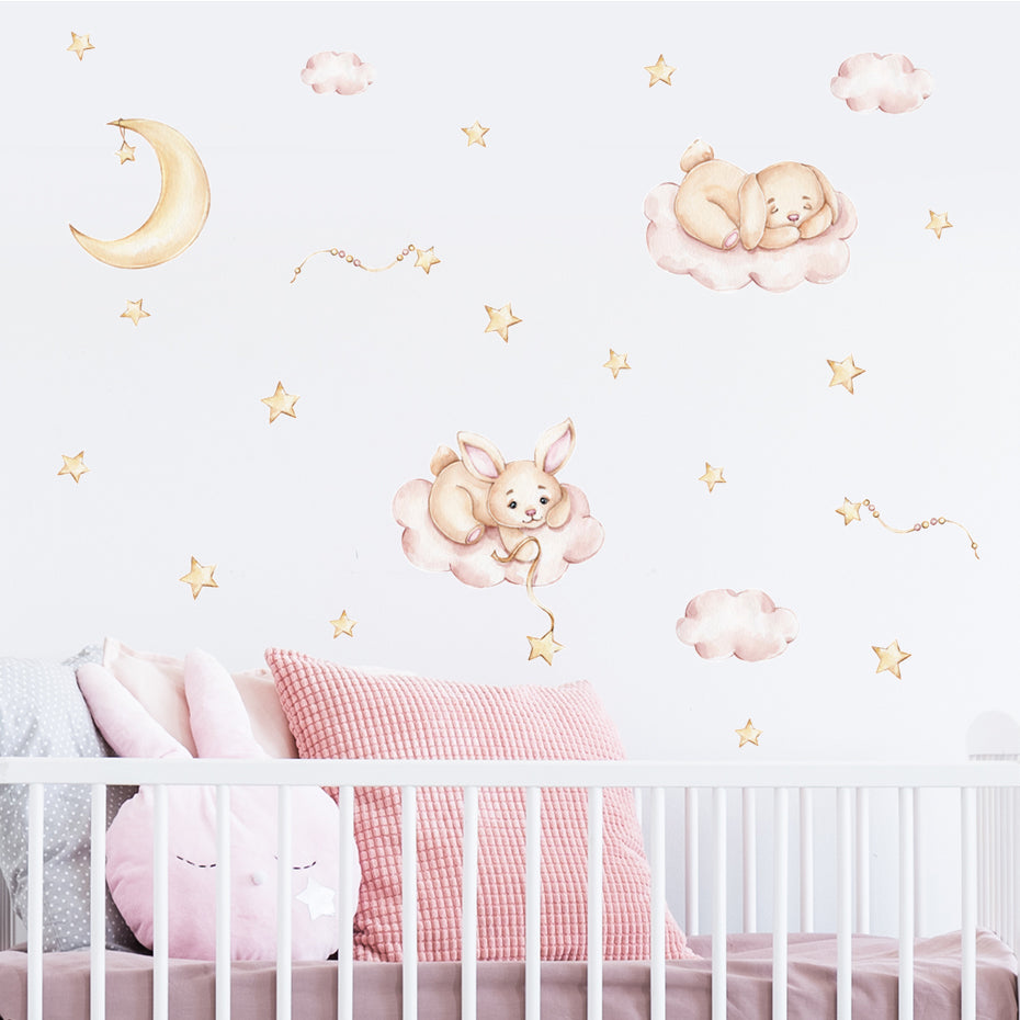 Cartoon Wall Decals Bunny Moon Clouds