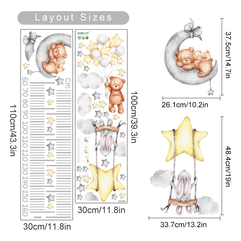 Cartoon Wall Decals Height Measurement Cute Bear