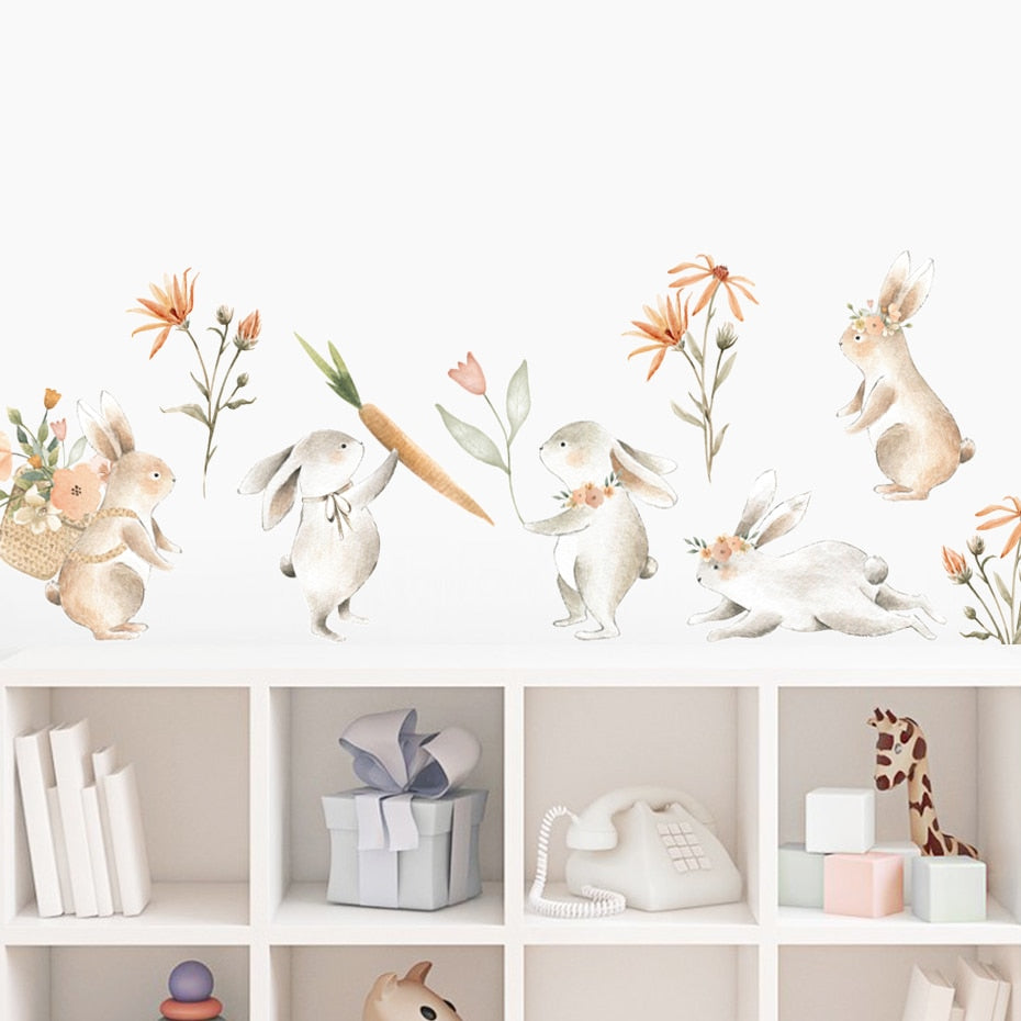 Cartoon Wall Decals Bunny Carrot Floral