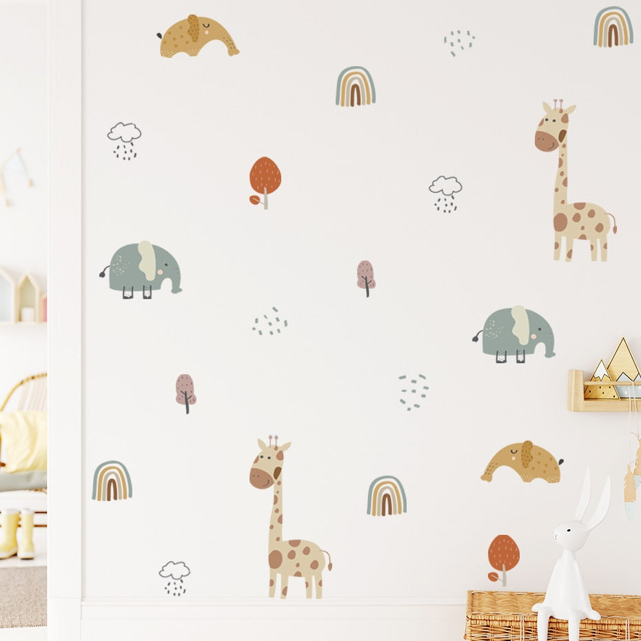 Cartoon Wall Decals Giraffe Elephant Rainbow
