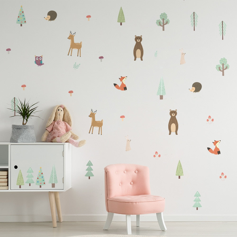 Cartoon Wall Decals Cute Deer Animal Leaves