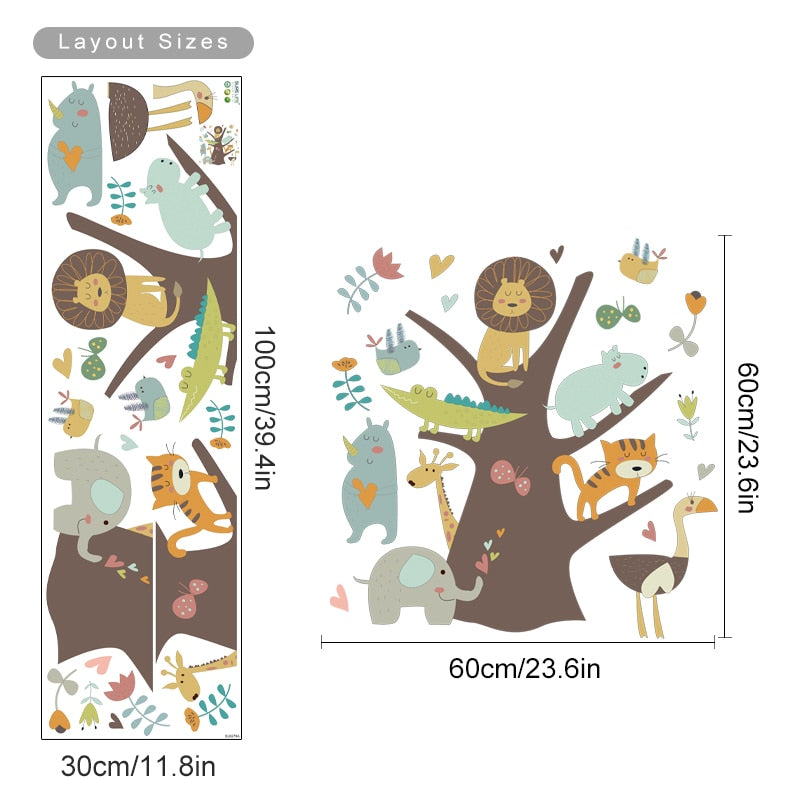 Cartoon Wall Decals Tree with African Animals