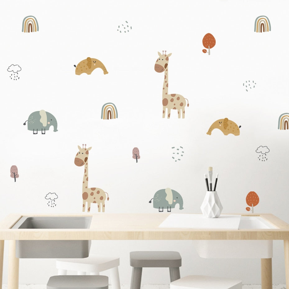Cartoon Wall Decals Giraffe Elephant Rainbow