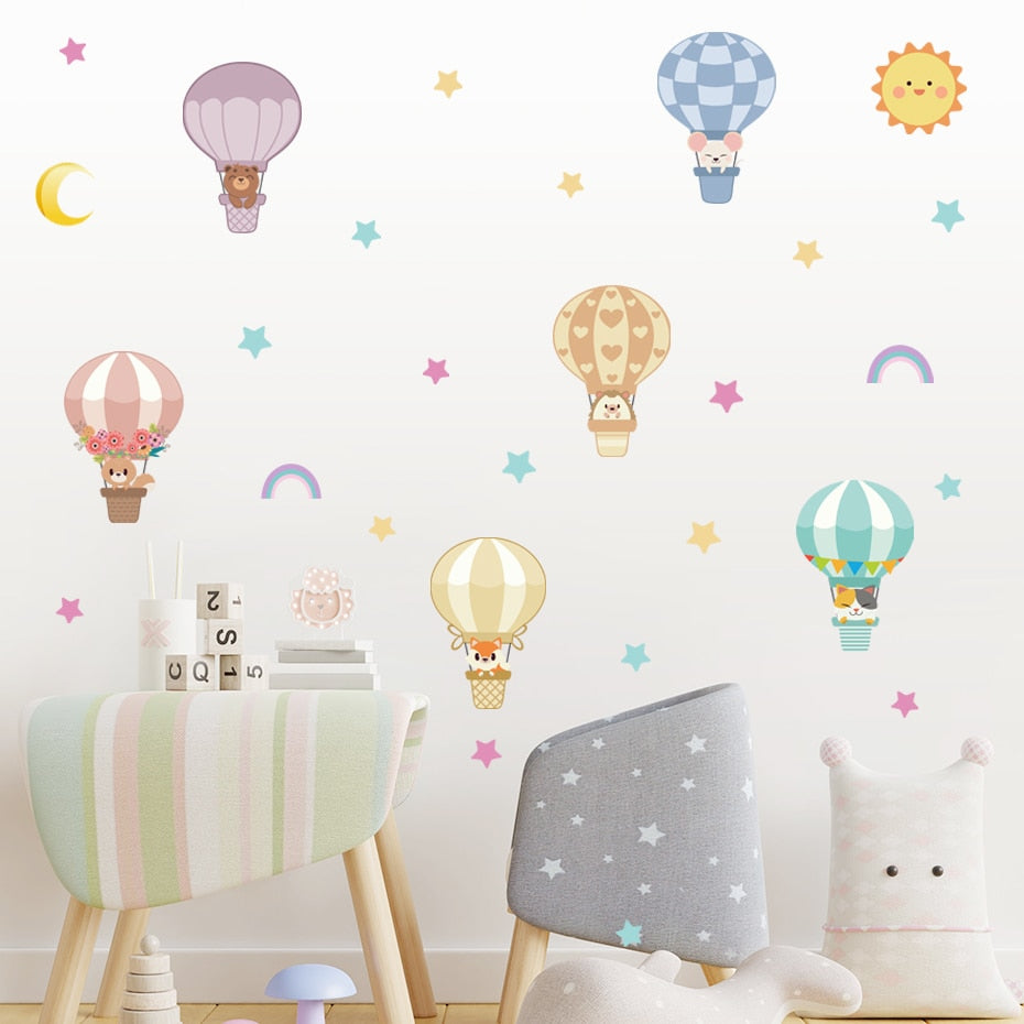Cartoon Wall Decals Hot Air Balloon Cute Animals