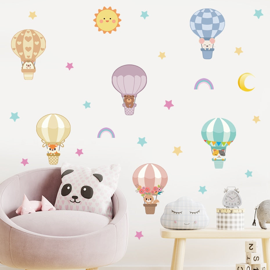 Cartoon Wall Decals Hot Air Balloon Cute Animals