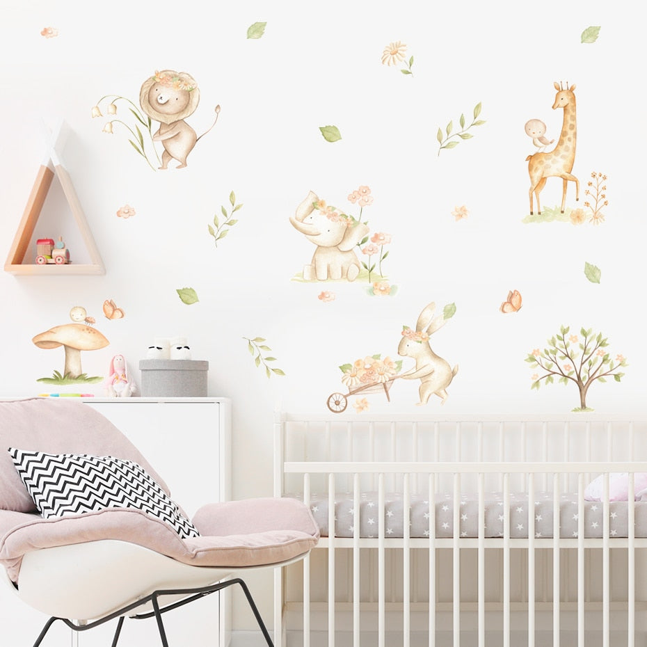 Cartoon Wall Decals Cute Lion Elephant Animals