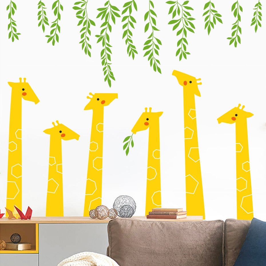 Cartoon Wall Decals Giraffe Green Leaves