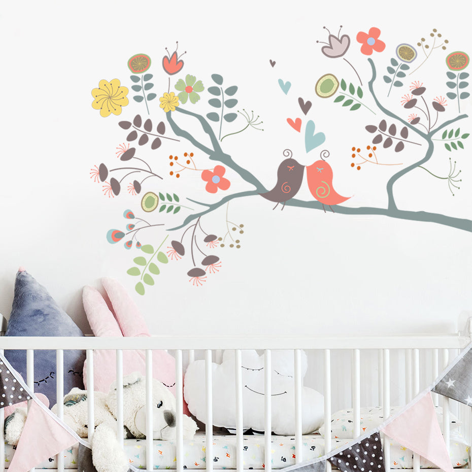 Cartoon Wall Decals Birds Floral Tree Branch