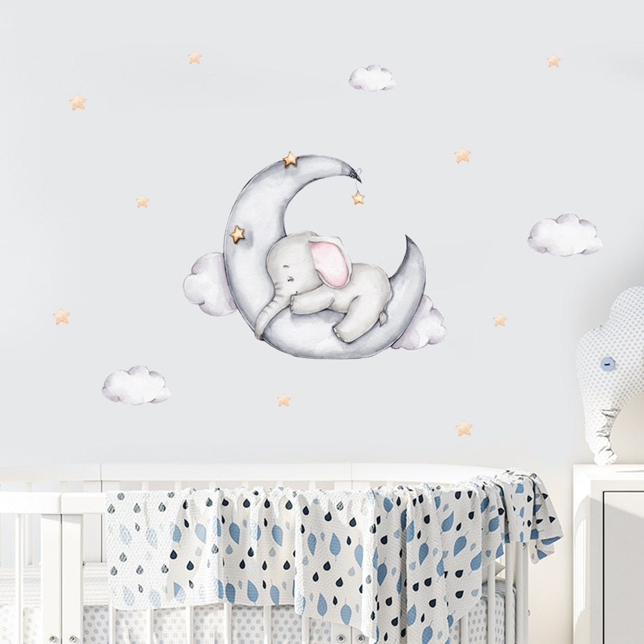 Nursery Wall Decals Elephant Sleeps on the Moon