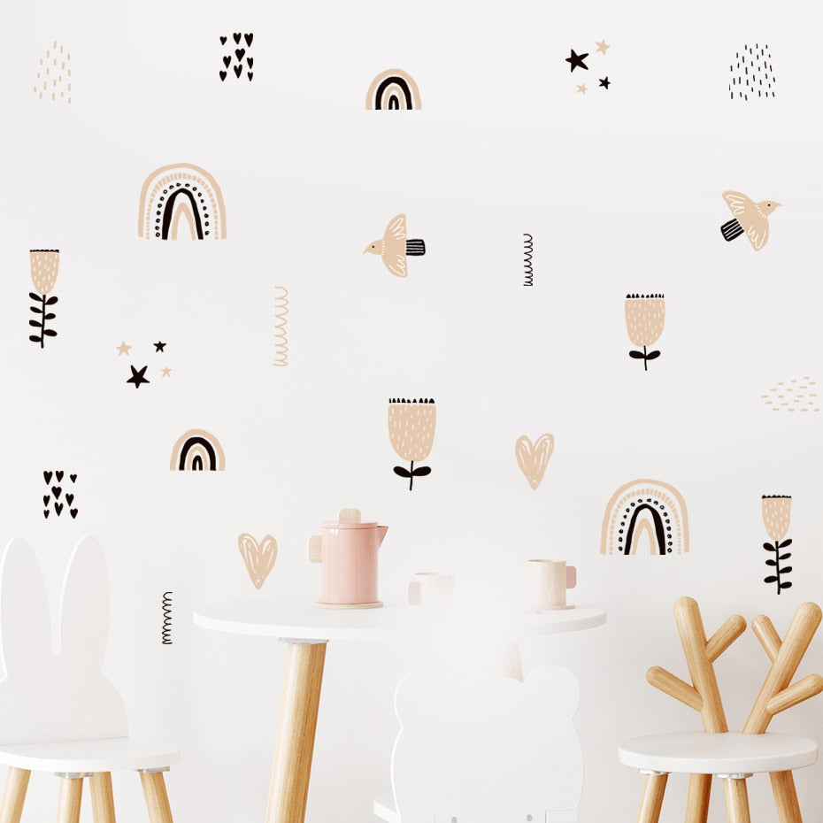 Nursery Wall Decals Cute Rainbow Bird Flowers