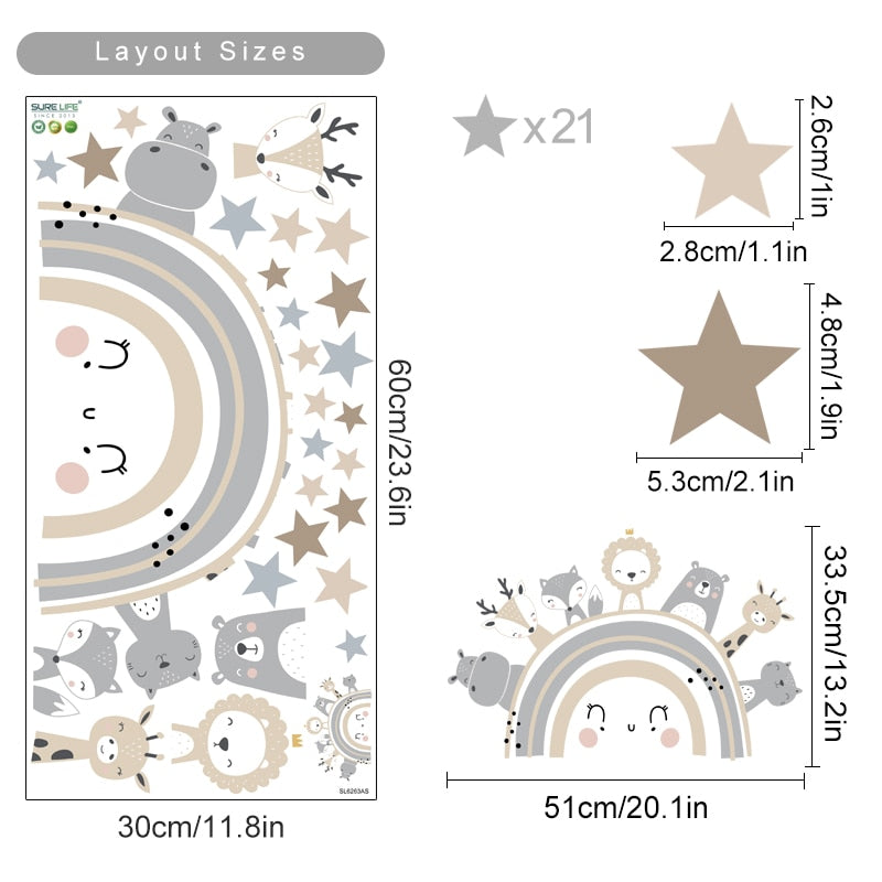 Cute Rainbow Animal Stars Wall Decals