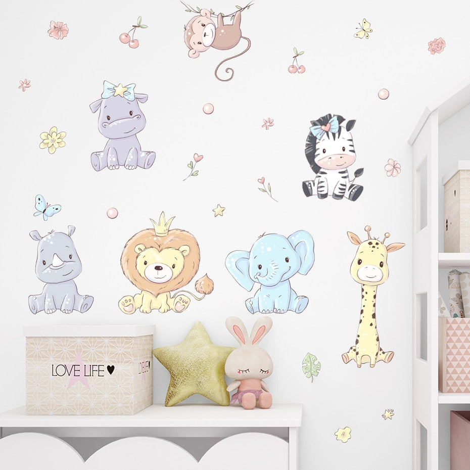 Cartoon Wall Decals Flowers and Cute Animals