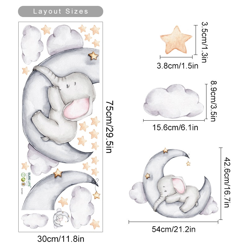 Nursery Wall Decals Elephant Sleeps on the Moon