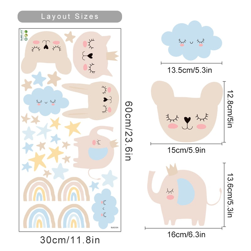 Cartoon Wall Decals Cute Animals Stars and Rainbows