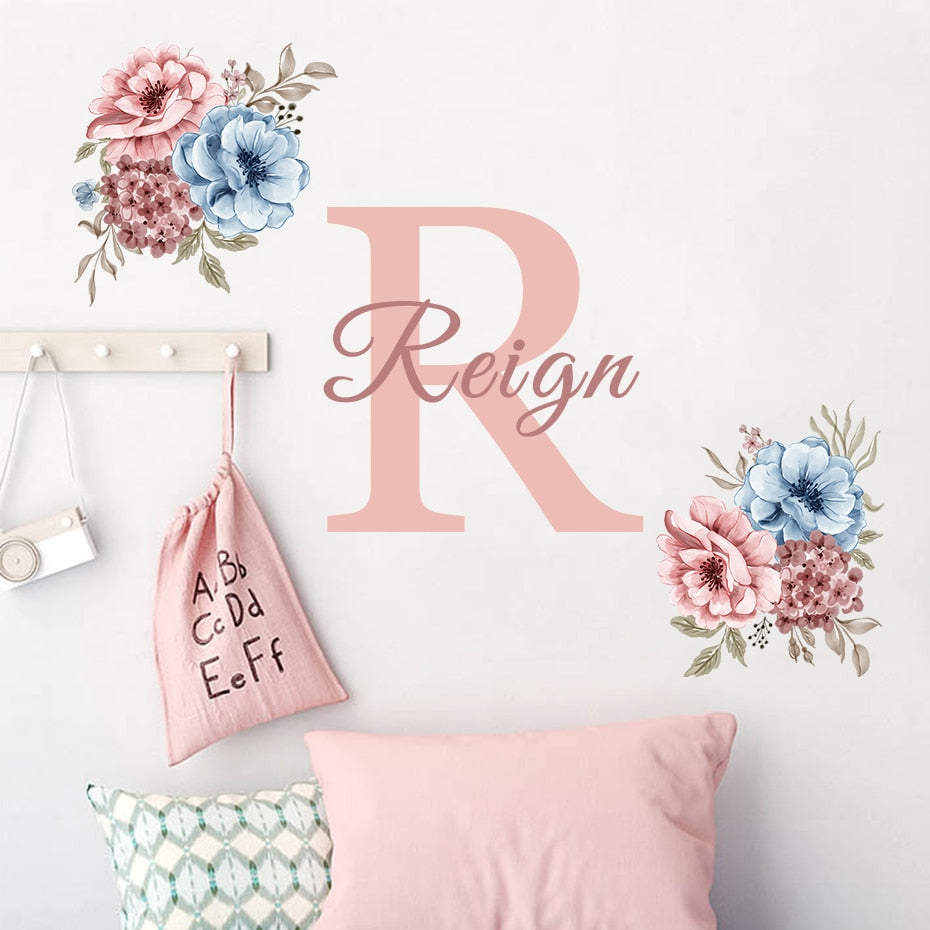 Custom Initial Name Wall Decals Pink Peonies