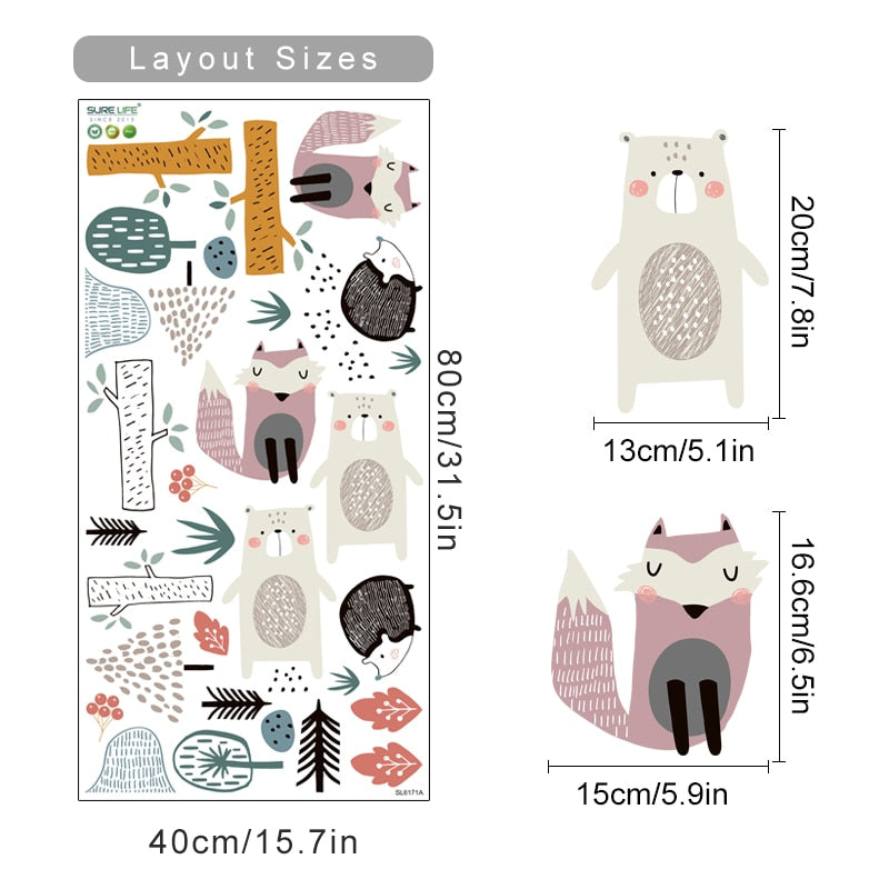Cartoon Wall Decals Bear Fox Hedgehogs Tree