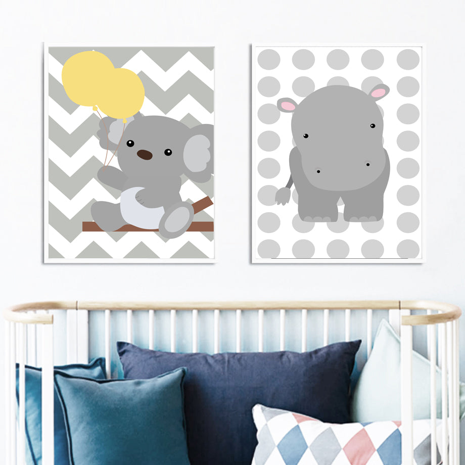 Baby Bear Elephant Hippo Nursery Canvas Posters