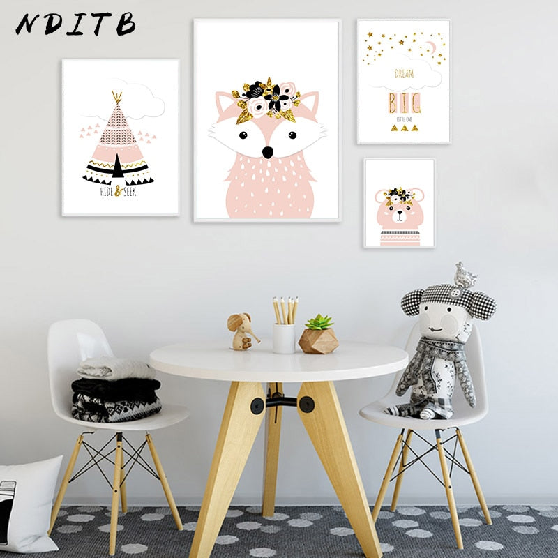 Fox And Bear Woodland Nursery Canvas Posters