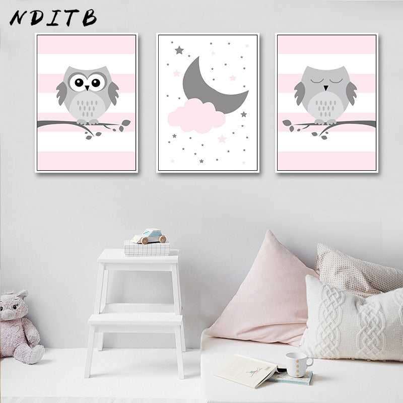 Pink Baby Owl Nursery Canvas Posters