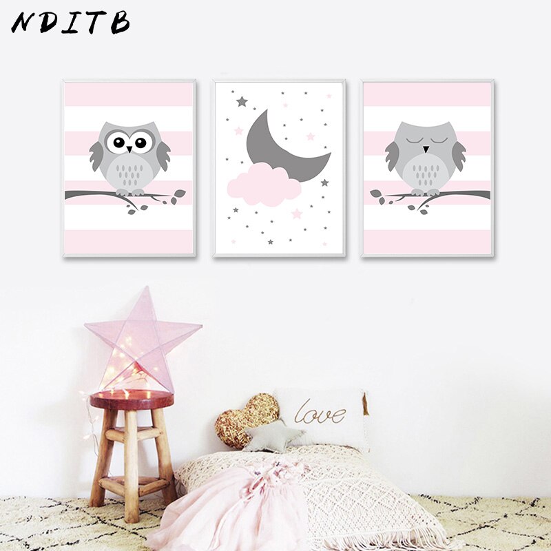 Pink Baby Owl Nursery Canvas Posters