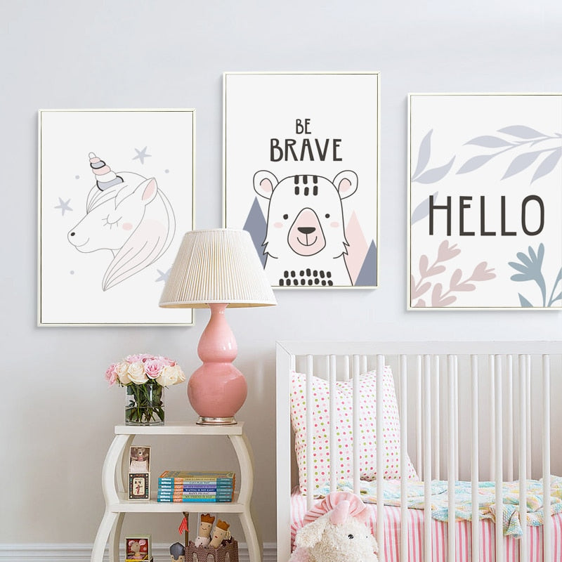 Nordic Hello Animals Nursery Canvas Posters