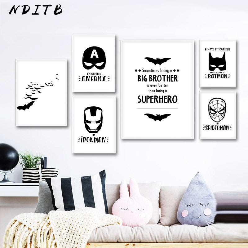 Black And White Superheroes Nursery Canvas Posters