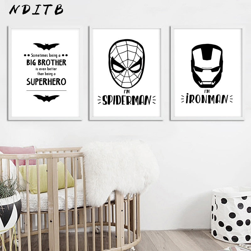 Black And White Superheroes Nursery Canvas Posters