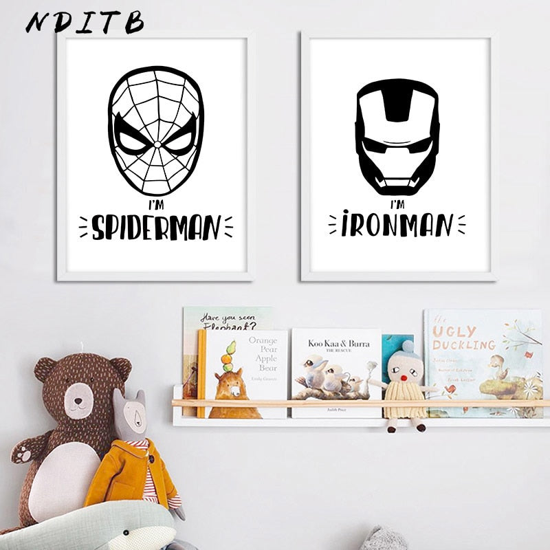 Black And White Superheroes Nursery Canvas Posters