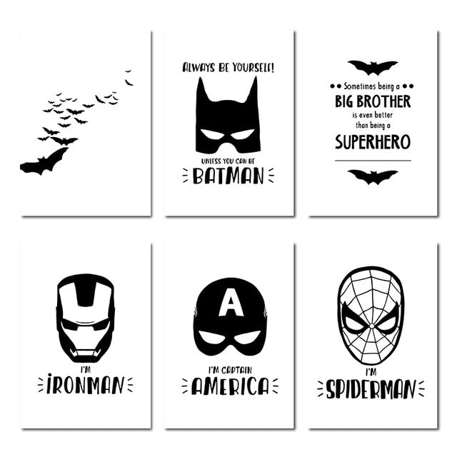 Black And White Superheroes Nursery Canvas Posters