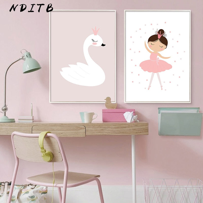 Swan And Girl Nursery Canvas Posters