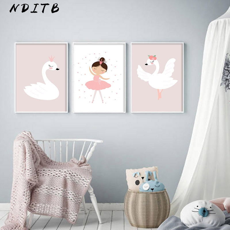 Swan And Girl Nursery Canvas Posters