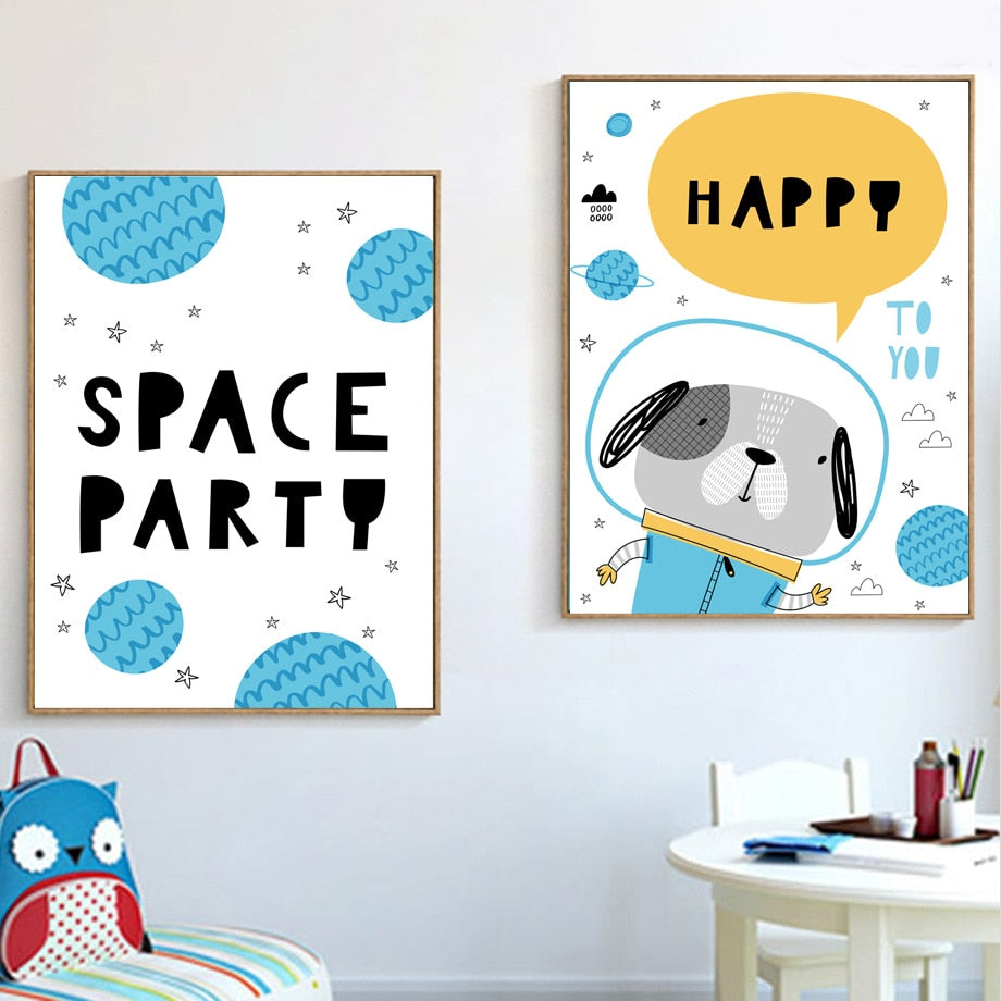 Space Rocket And UFO Nursery Canvas Posters