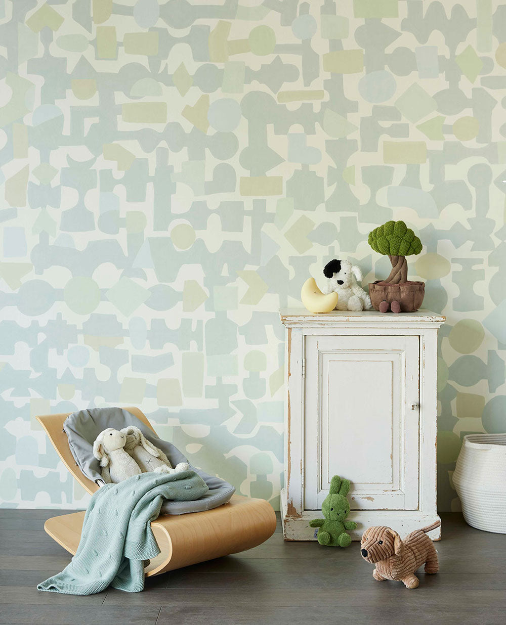 Green-blue geometric wall mural.