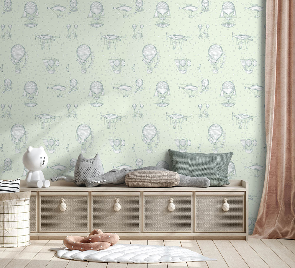 Gray children's wallpaper - balloons and airships JR3011, Jack´N Rose 2024, Grandeco