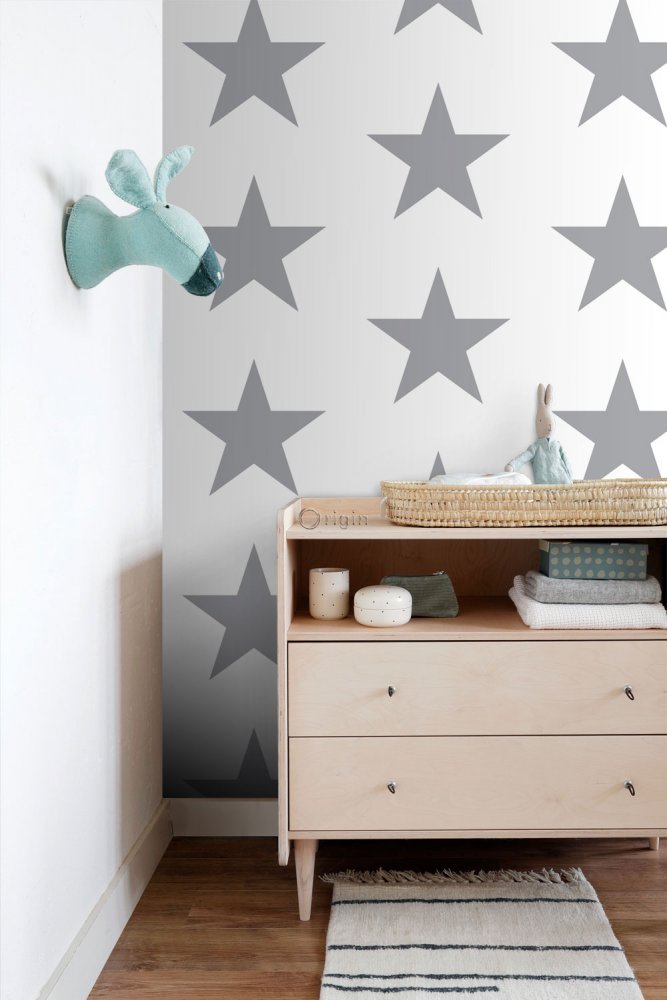 White non-woven wallpaper with gray stars 347672, Precious, Origin