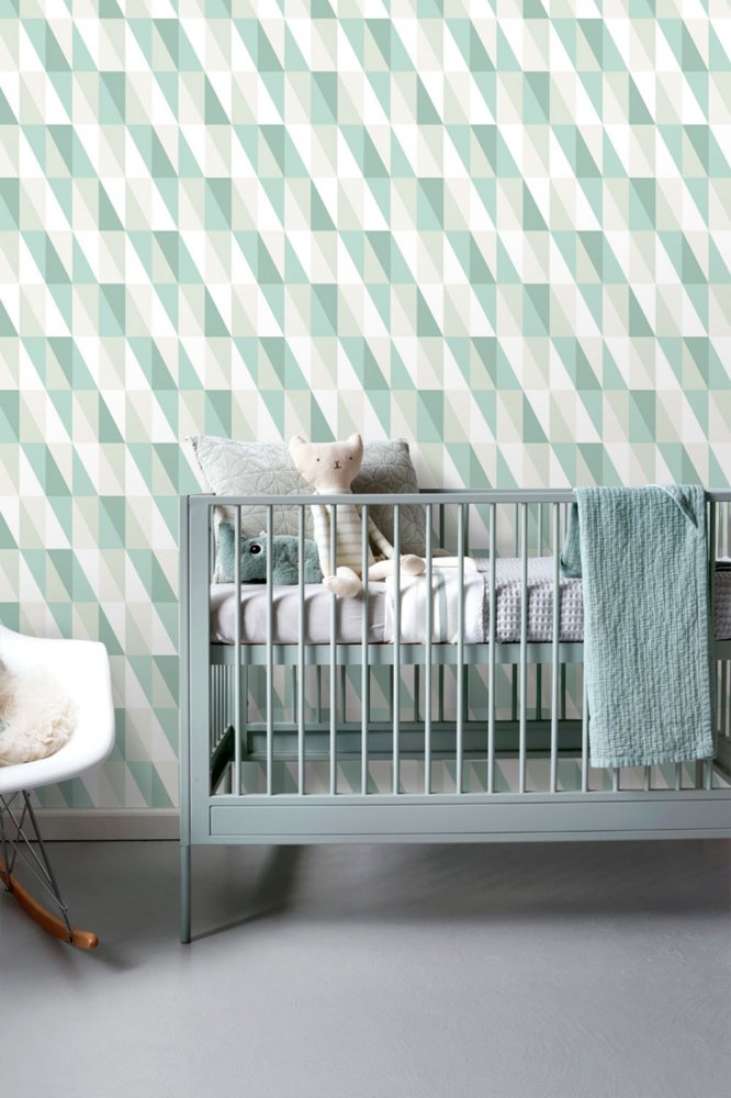 Geometric non-woven wallpaper, green-white triangles 138920, Little Bandits, Esta