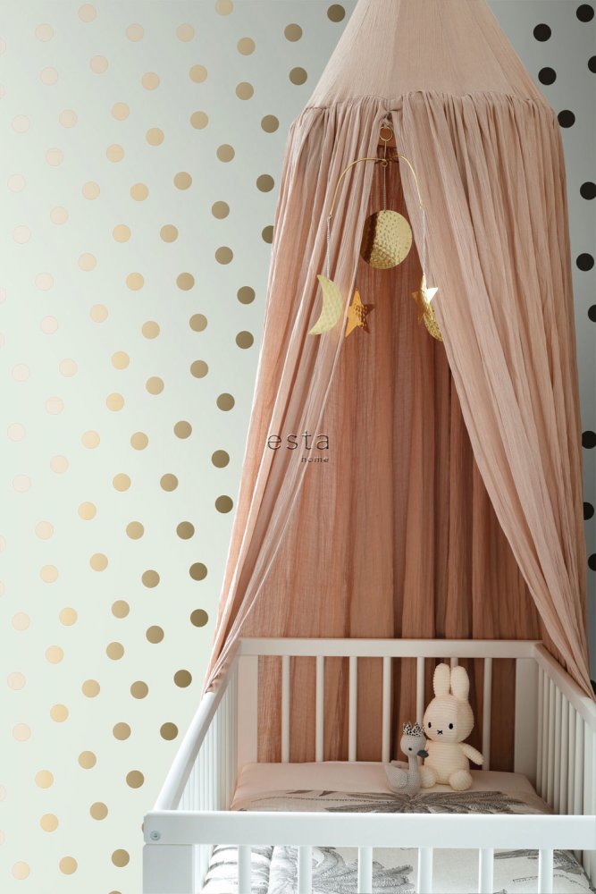 Menthol non-woven wallpaper with golden polka dots 139243, Forest Friends, Esta